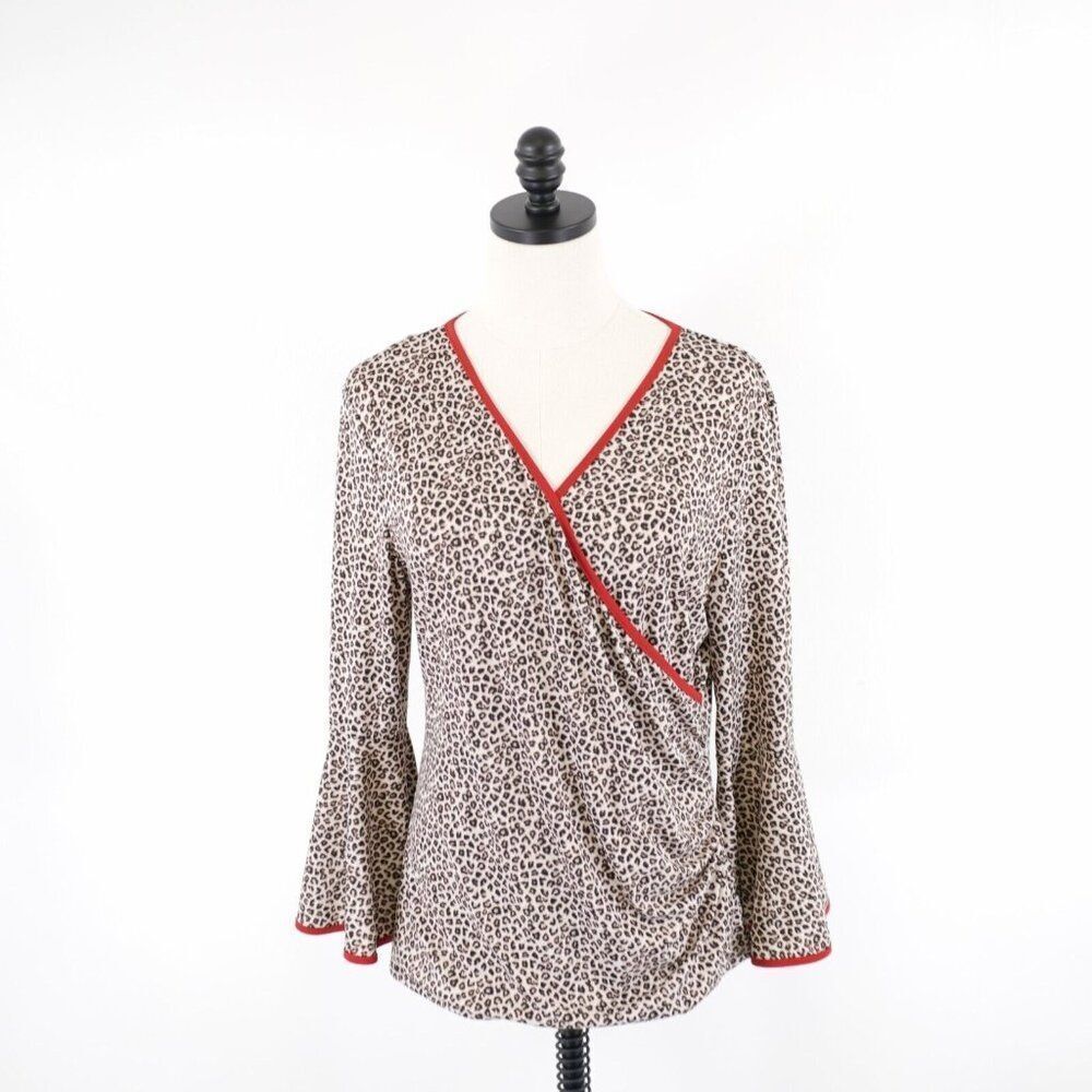 Coco Bianco Kimono Flutter Sleeve Cheetah Print Brown Blouse Large Polyester
